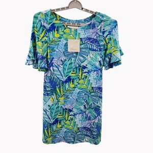 Pappagallo Women's Small Tropical Leaf Print Dress Flutter Sleeve Stretch New